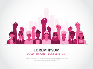 Group of multi ethnic women from different age groups and various professional backgrounds, with raised fists. Ideal for posters, flyers, or banners about women’s day, history month, or equality day