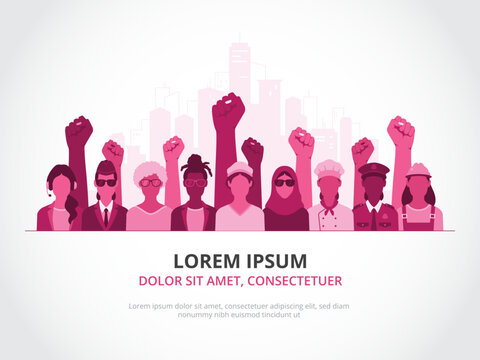 Group of multi ethnic women from different age groups and various professional backgrounds, with raised fists. Ideal for posters, flyers, or banners about women’s day, history month, or equality day