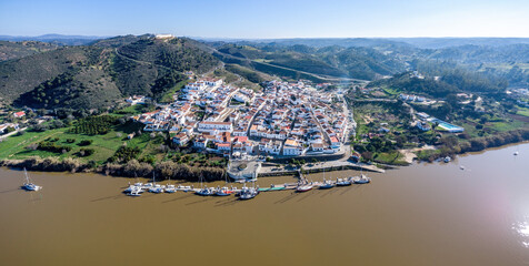 Aerial panoramic view of Sanlucar de Guadiana village in Huelva, Andalusia, on the banks of...