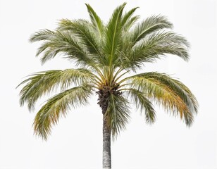 The lush crown of a tropical palm tree with large leaves is isolated on a white background. The concept of traveling to Asian warm countries