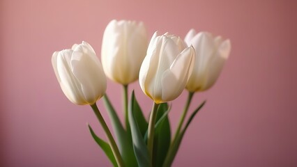 Greeting card with a bouquet of white tulips on a pink background close-up.