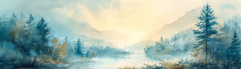 watercolor landscape, soft and serene, hand-painted with a focus on atmospheric perspective - obrazy, fototapety, plakaty