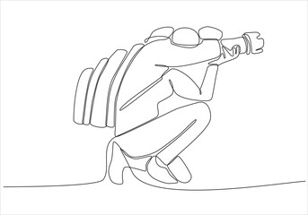 A girl takes a photo with her camera. He is a photographer. He loves to capture every moment with his camera. One continuous line. Vector illustration