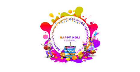 Vector poster of Indian holi festival celebration background with colorful color splash, pichkari color bucket and traditional decoration.