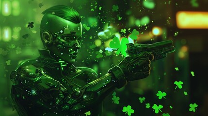 Man in Green Suit Holding Gun on Saint Patricks Day