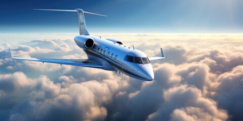 Fototapeta premium Panoramic View of a Private Jet in Flight Among the Clouds - Luxury Aircraft
