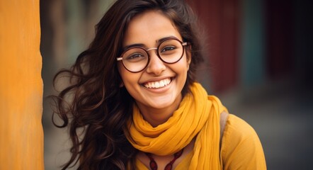 Beautiful Indian Woman in Glasses. Happy and Smiling Female Student with a Love for Education - obrazy, fototapety, plakaty