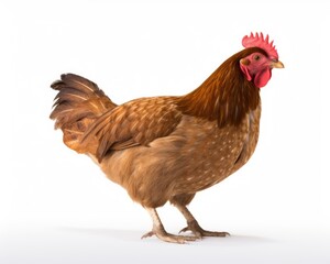 Fototapeta premium Brown Chicken Hen Standing Full Body on White Background - Domestic Farm Animal Photography