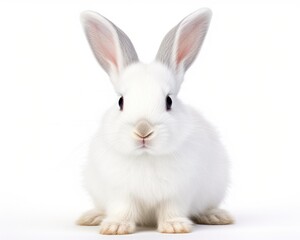 White Bunny - Cute Isolated Pet Rabbit with Fluffy White Fur on White Background