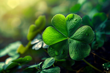 St.Patrick 's Day. clover leaves in the forest. close-up