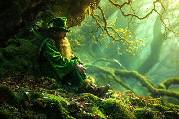 St.Patrick 's Day. fairy tale leprechaun sitting under a tree in the forest - obrazy, fototapety, plakaty