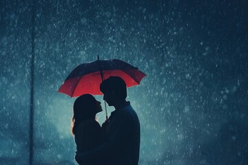 Couple sharing romantic moments under the rain at night with copy space