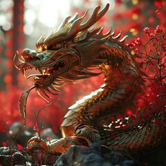 Chinese dragon statue on the background of red leaves and flowers in the sunlight. Chinese New Year