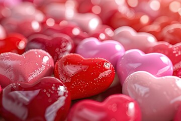 Obraz premium Valentine's day background with red and pink hearts, shallow dof
