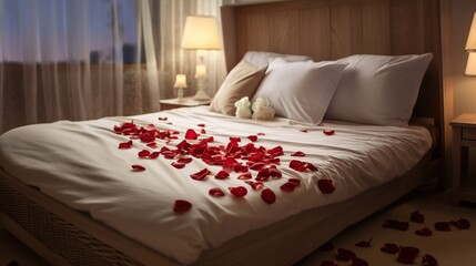 Romantic bedroom with rose petals on the bed in the evening. Valentine's Day.