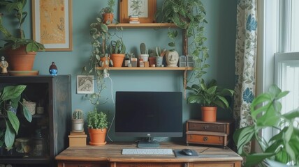 Creative home office setup with DIY desk and shelving, personalized workspace filled with plants and handmade decorations