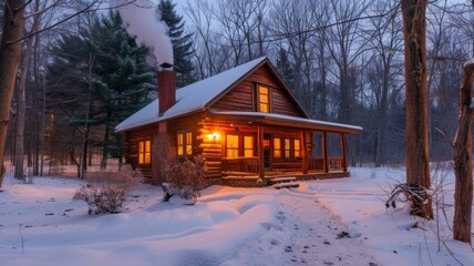 Cozy cabin staycation in the woods, warm light from inside, surrounded by snow, smoke rising from the chimney