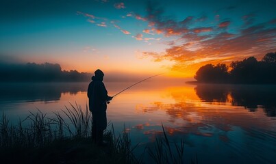 a person fishing at dawn, silhouette against the glowing morning sky, peaceful water reflections