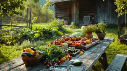 Freshly harvested vegetables and fruits from a garden, rustic wooden table, concept of farm to table