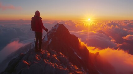 Fototapeta premium Achieving New Heights: Sunrise Summit Overlooking Mountain Range