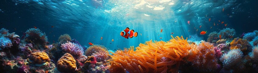 vibrant coral and a curious clownfish peeking out, sunlight filtering through the water above