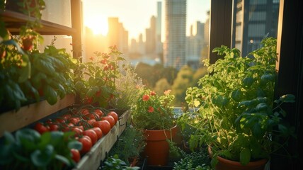 Fototapeta na wymiar Edible Urban Paradise: Balcony Garden with City Views