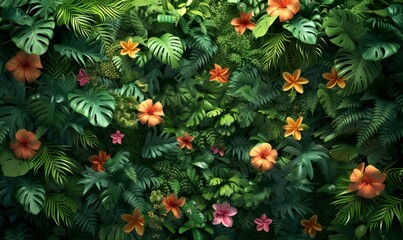 dense tropical jungle background from a bird's-eye view, rich greenery interspersed with vibrant flowers
