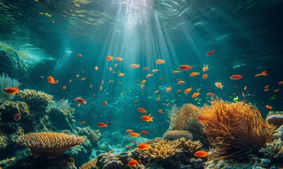 Fototapeta na wymiar underwater paradise with coral reefs teeming with colorful fish, sunbeams piercing through the water