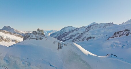 Panoramic landscape of Sphinx observatory and Aletsch glacier on Jungfraujoch Swiss Alps,...