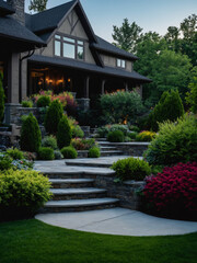 Fototapeta premium Inspiration for a Saturated Urban neighbourhood, Cozy Urban House, wide shots of home gardens, lawns, yards, decks and spaces for outdoor entertaining, building design, modern architecture concept