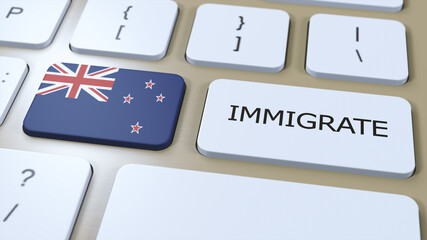 New Zealand Immigration Concept. 3D Illustration. Country Flag with Text Immigrate on Button - obrazy, fototapety, plakaty