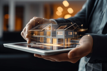 Real Estate Agent Showcasing 3D House Model on Transparent Tablet, Smart Contract Technology