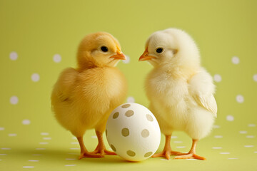 Two fluffy chicks beside a polka-dotted egg on a cheerful green background with a dotted pattern.