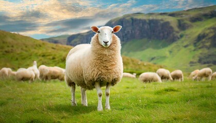 Fototapeta premium Sheep grazing on the beautiful green grass , nature