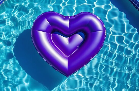 heart shaped water. Inflatable purple heart-shaped mattress in the pool. Summer. Vacation. Journey.