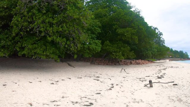 Panoramic view of Anse Boudin beach under a cloudy sky. Praslin island, Seychell