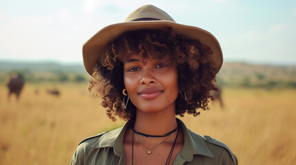 Woman with curly hair, wearing adventurer outfit and hat on a safari. Savanna. African safari...