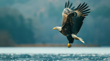 Bald Eagle Flying and hunting fish over water