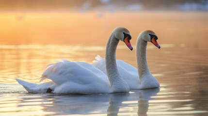 two swans in the lake. Togetherness concept