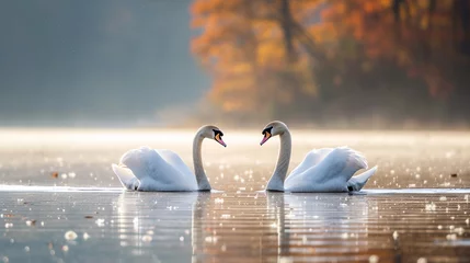 Fotobehang two swans in the lake. Togetherness concept © Banu