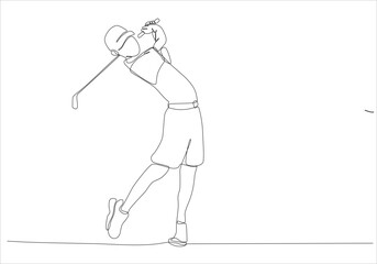 Continuous line drawing of young man playing golf. Single one line art concept of professional golfer holding stick to hit ball. Vector illustration