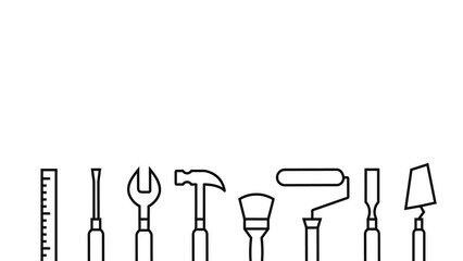 Work tools moving smoothly into frame with copyspace left as construction and building industry, facility management, renovation or maintenance related animation