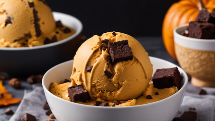 Pumpkin ice cream with brownie chunks in a white cup on the black background