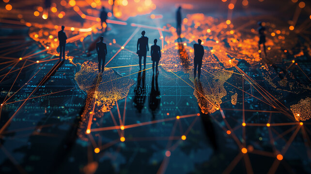 A global business strategy visualized through silhouetted figures casting extensive shadows across a map illuminated by intersecting beams of light, suggesting meticulous planning and anticipation.
