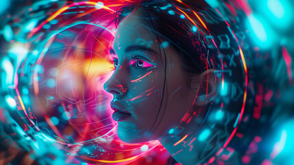 A young woman engrossed in a metaverse journey, surrounded by luminous digital components. Neon glows and abstract forms create an atmosphere of awe.
