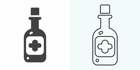  Medicine bottle and pills. Medicament. Black and white icon. Vector illustration