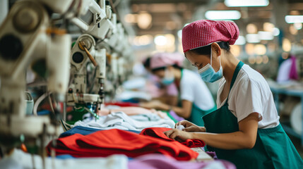 factory in asia producing fast fashion  - obrazy, fototapety, plakaty