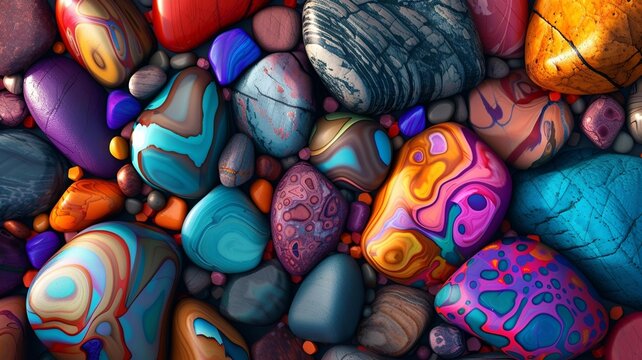 colorful shapes and stones collage, rounded elegance in animated wallpaper style