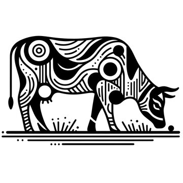recommend clip art: stylized line art drawn illustration a grazing cow Standing in a field