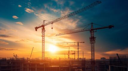 Sunrise over a modern construction site, silhouettes of cranes against the awakening sky.
